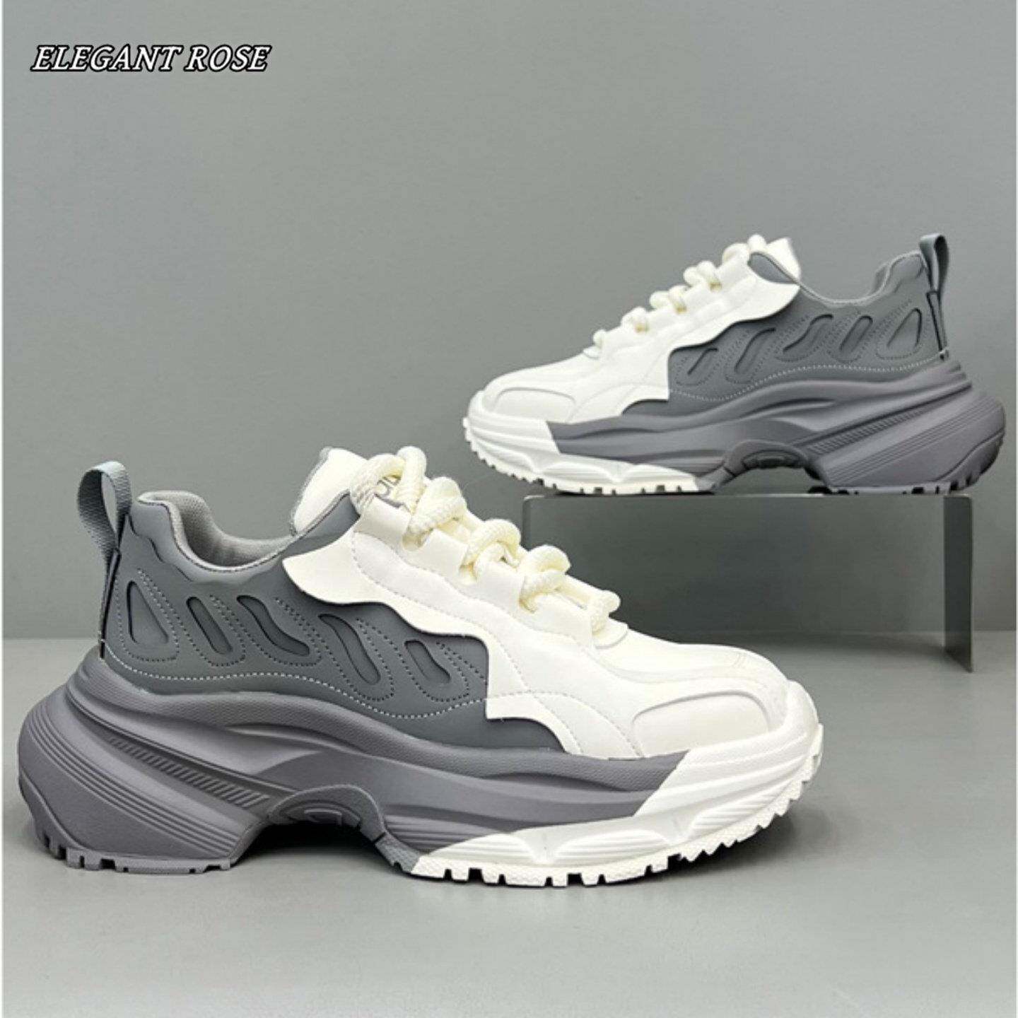 ELEGANT ROSE 男鞋时尚高级感拼色老爹鞋秋季真皮拼接厚底休闲鞋