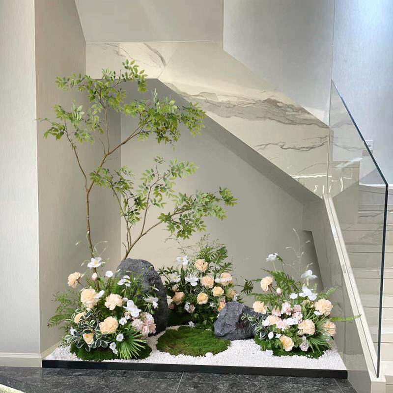 庭院风绿植造景布置仿真树摆件餐厅楼梯花艺软装石头景观假植物