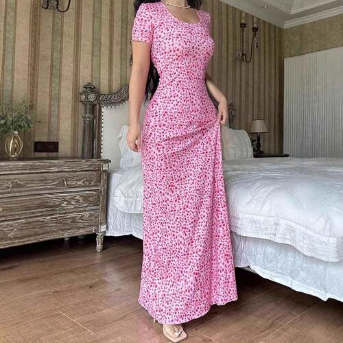 Women'S Vintage Floral Texture Knit Bodycon Long Dress,
