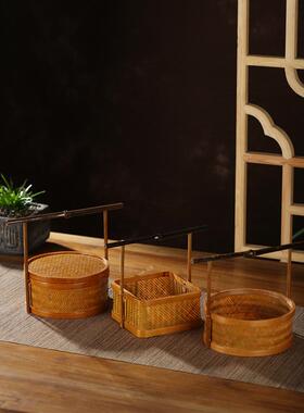 中式手工竹编竹篮客家摆件筐子手提篮水果篮茶点盘茶具带盖点心篮
