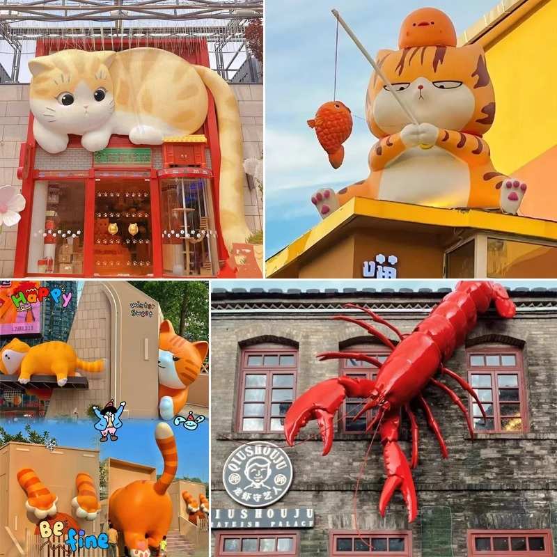 大型玻璃钢门头雕塑网红宠物店卡通动物立体屋顶猫咪爬墙美陈摆件