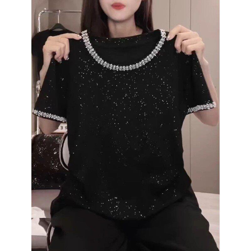 韩国高级感满天星镶钻短袖t恤女装大码胖MM夏季显瘦修身半袖上衣