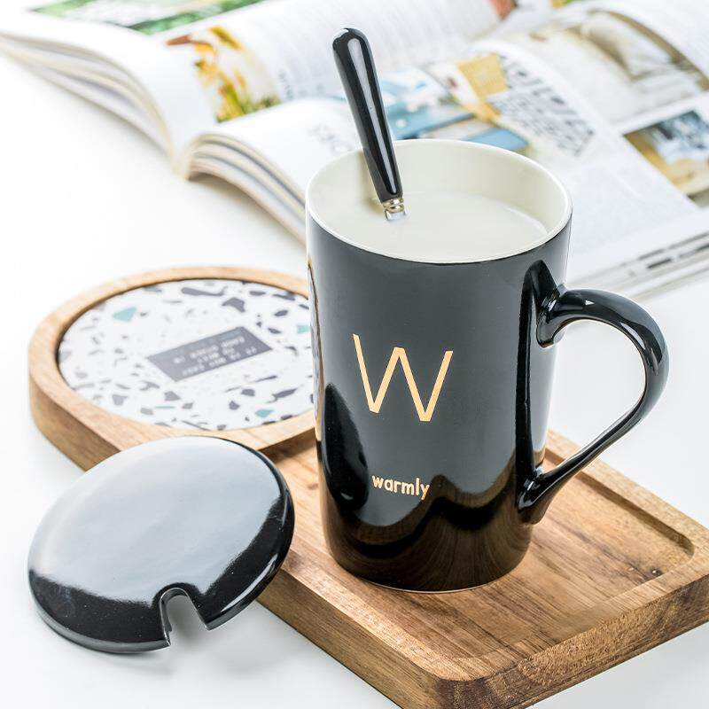 马克杯带盖勺杯子创意个性潮流陶瓷字母杯大容量水杯情侣杯办公杯