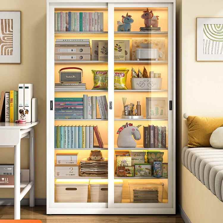 福凯祥家用钢制书架推拉门防尘玻璃书柜带锁展示柜落地收纳储物柜