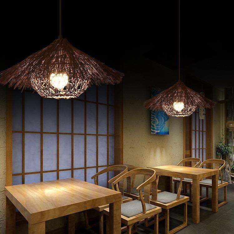 藤编草帽灯罩复古日式餐厅个性火锅店藤艺民宿东南亚竹编吊灯