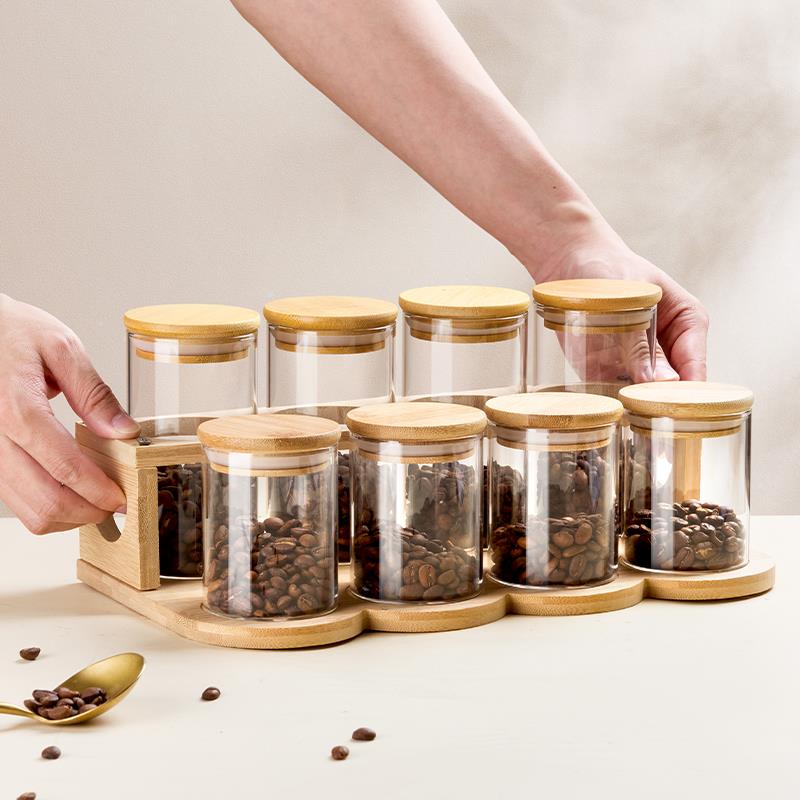 咖啡豆储存罐咖啡豆分装密封罐套装玻璃奶茶店吧台生豆熟豆展示架