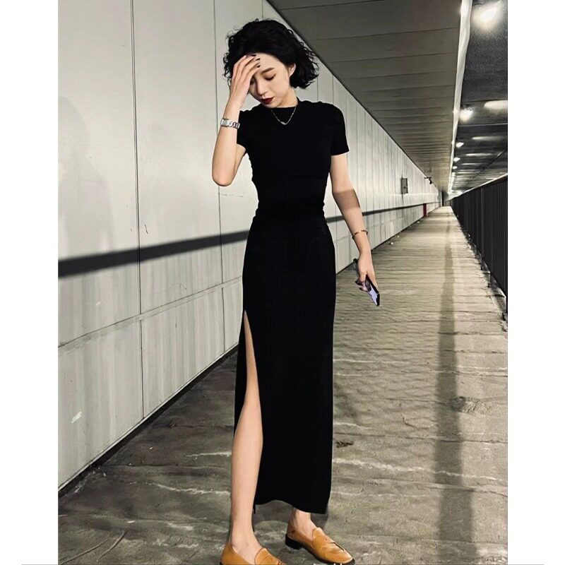 MUAMY夏季新款法式复古赫本小黑裙高级感小众开叉修身显瘦洋装