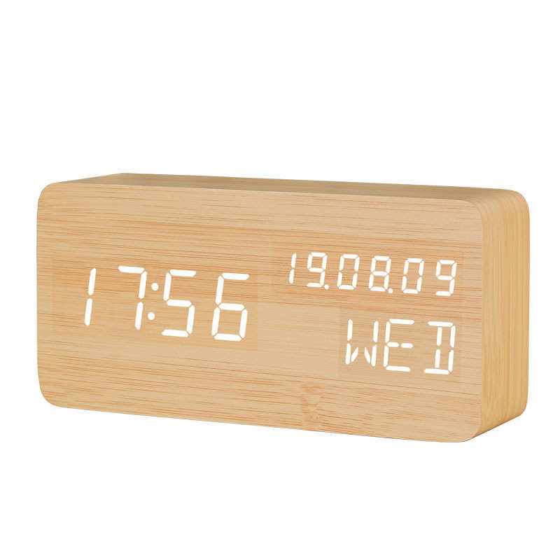 直供数显led静音夜光床头木头钟 长方形声控客厅桌面电子闹钟时钟