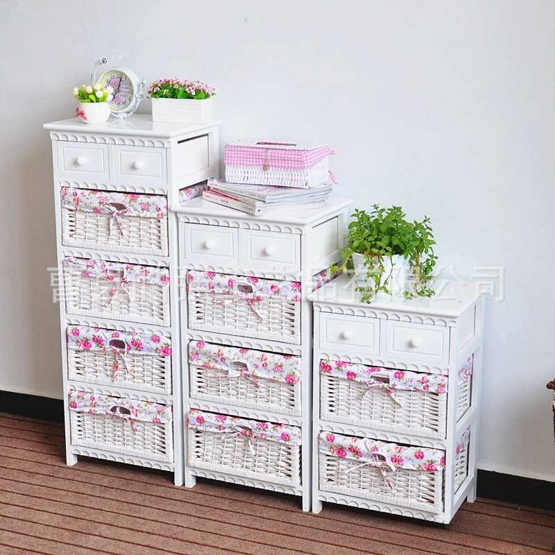 简易床头柜木质简约白色卧室斗柜小田园藤编抽屉式收纳柜子储物柜