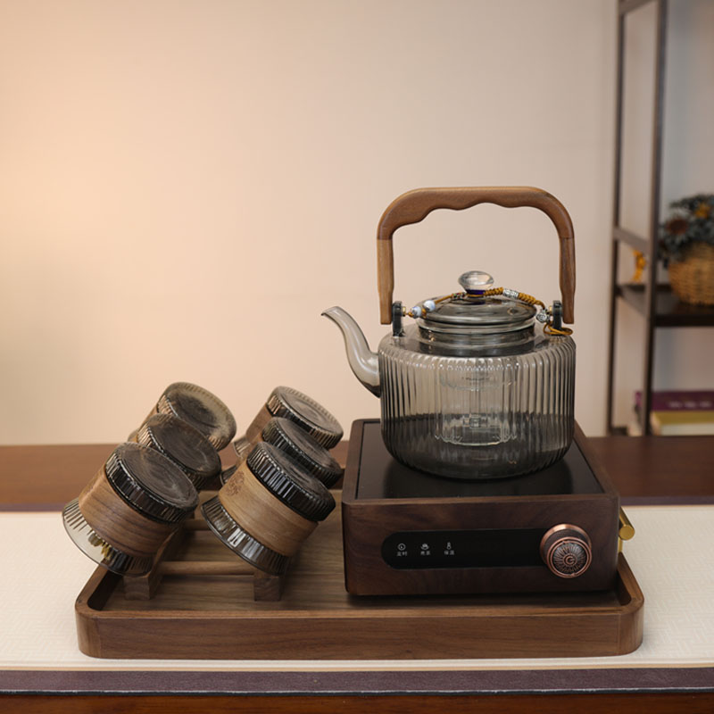 煮茶壶2025新款胡桃木电陶炉玻璃提梁壶大容量烧水壶煮茶器套装