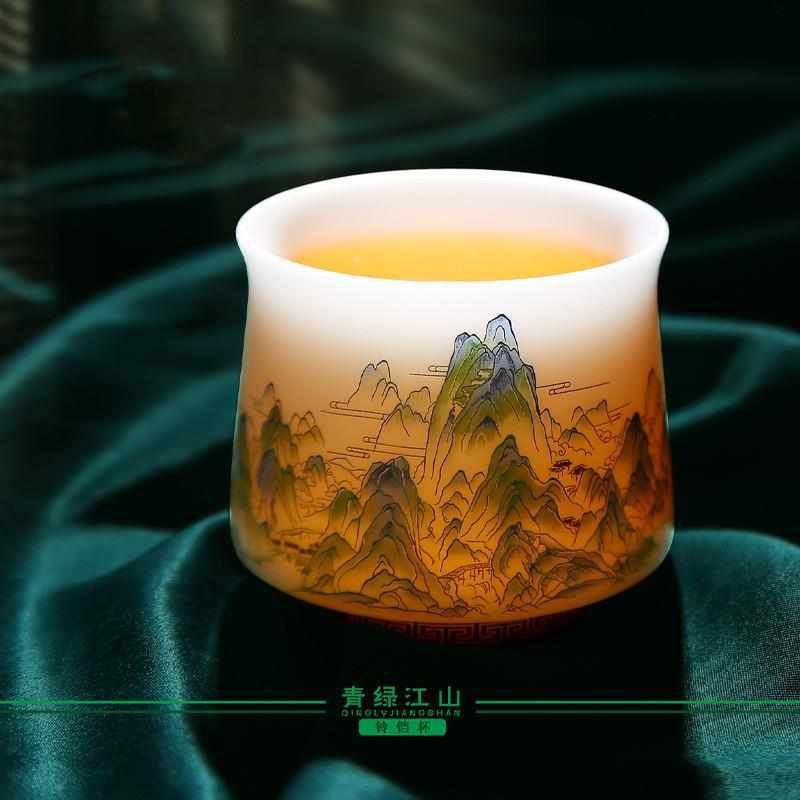青绿江山高端羊脂玉白瓷主人杯个人专用中式绿色陶瓷茶杯徐建勇