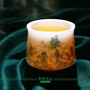绿色陶瓷茶杯徐建勇 青绿江山高端羊脂玉白瓷主人杯个人专用中式
