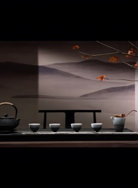 新中式样板房售楼处茶室水墨渐变茶具组合黄铜茶则锡茶托铁艺烛台