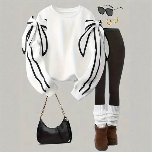 Women Round Neck Sweatshirt Bow Decorated Sleeves Casual
