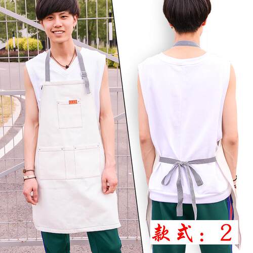 围裙牛仔白色工作服咖啡厅师帆布奶茶店理发师男女油画印字logo