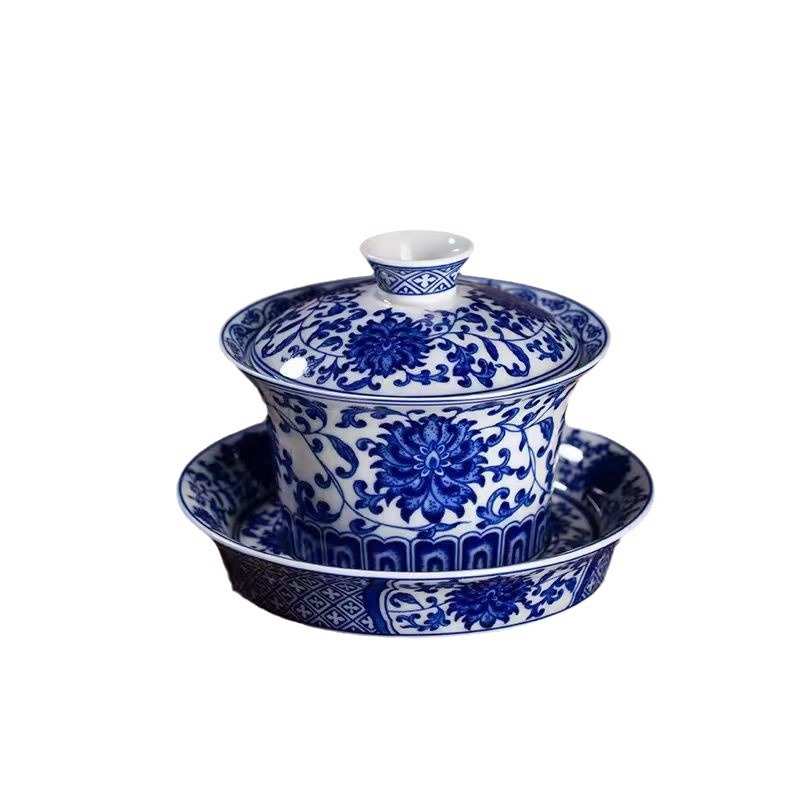 陶瓷器仿古泥三才盖碗大号矾红山水泡茶杯家用功夫茶杯