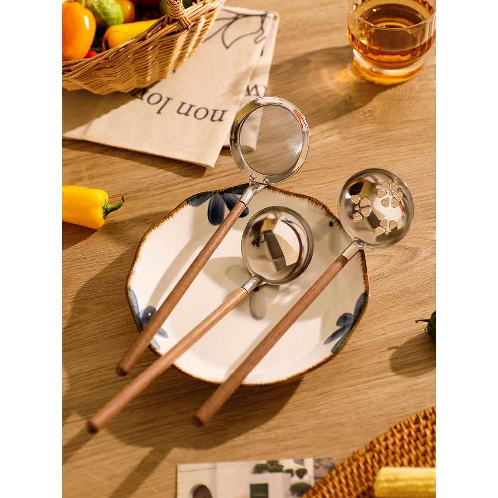 日式胡桃木手柄304不锈钢汤勺火锅壳套装家用漏勺盛粥汤匙拉面勺