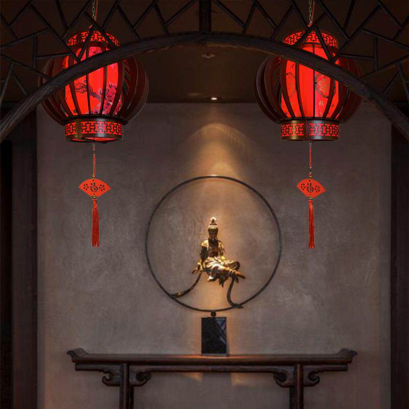 仿古发光旋转实木灯笼中式吊灯饭店茶楼餐厅火锅店走廊过道灯装饰