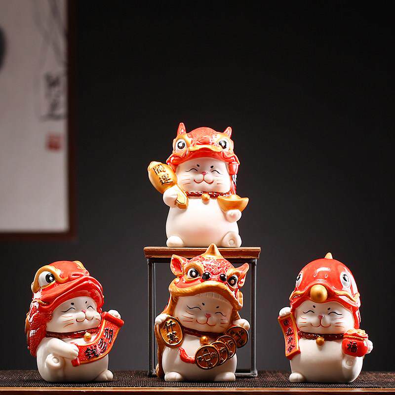 创意舞狮招财猫摆件可爱小号家居客厅桌面装饰乔迁店铺开业礼品