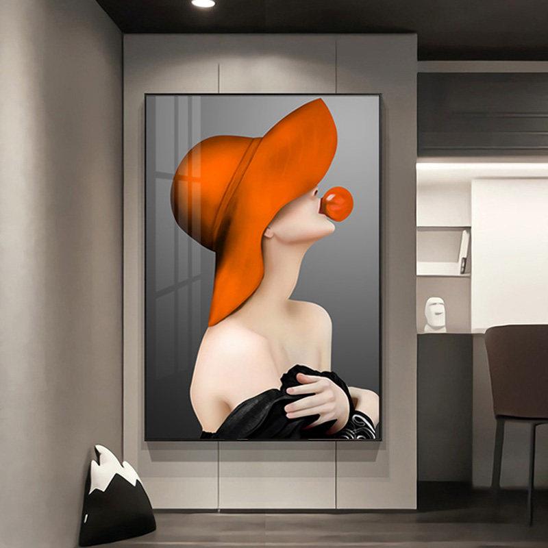 美女玄关装饰画橙色现代轻奢人物壁画橘卧室床头化妆室挂画高级感