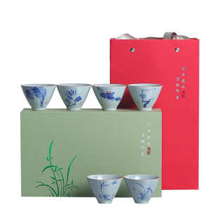 陶瓷复古草木灰釉下彩手绘荷花斗笠杯品茗茶杯家用办公室礼品套装