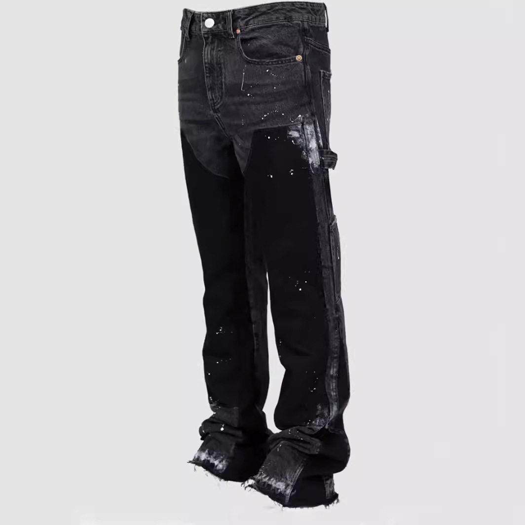 Men denim work pants with elastic patch layered flared pants - 实物图