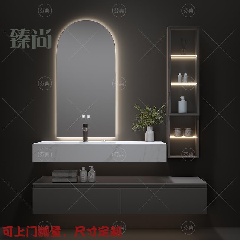 设计师洗漱化妆双盆浴室柜组合岩板一体卫生间洗漱台洗手脸盆镜柜