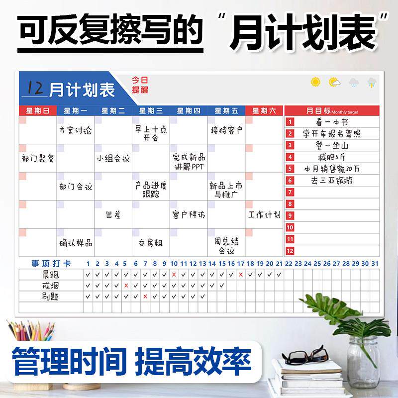月度计划表墙贴办公车间工作进度表月考勤打卡积分表可擦写白板贴