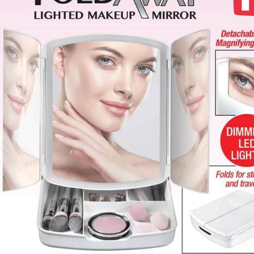 LED折叠化妆镜带灯 女生宿舍梳妆镜三开门带收纳美妆镜子