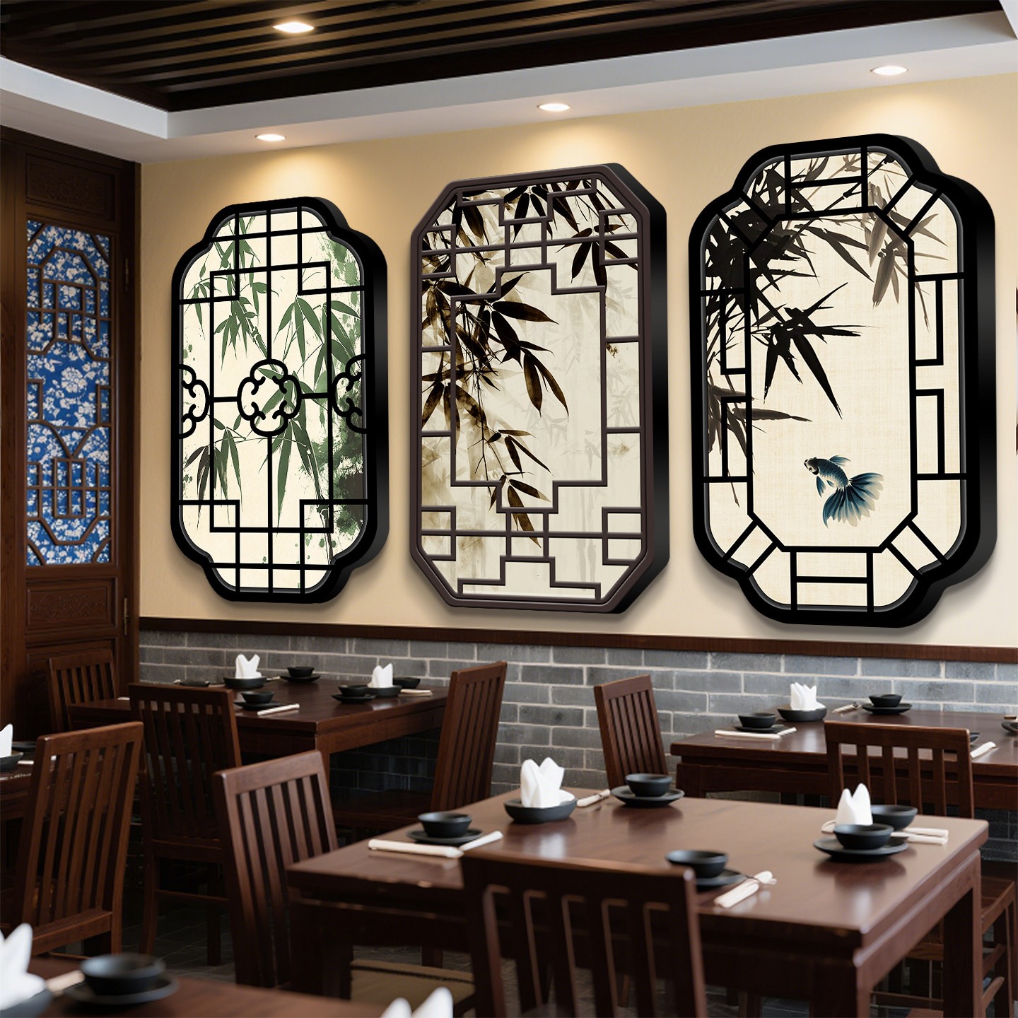 新中式假窗户灯箱竹叶竹影LED广告牌茶室饭店餐厅玄关发光挂画
