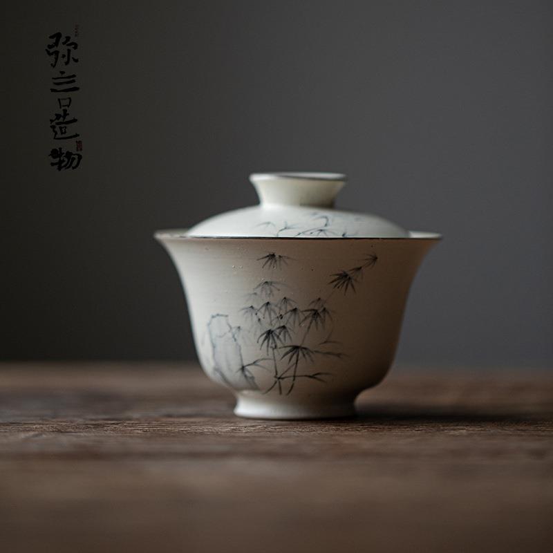 弥言日式粗陶盖碗诧寂风粉引釉中彩手绘泡茶碗手工粗陶茶碗不烫手
