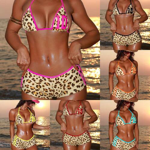 Women Sexy Two - Piece Leopard Print Bikini Swimwear With
