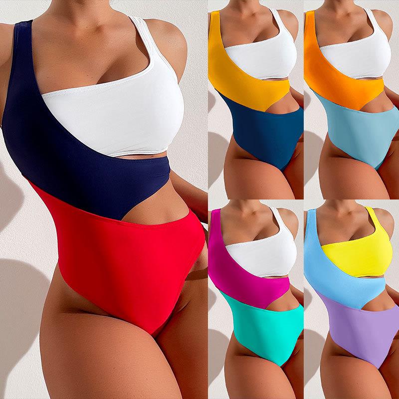 hot contrast one-piece suit womens bikini color swimming