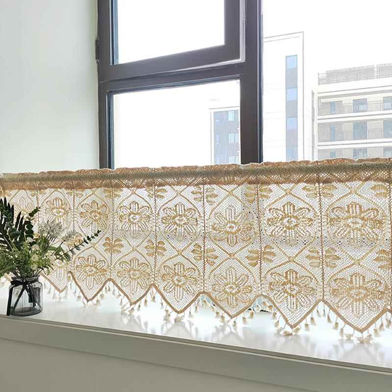 波斯菊甜梦复古钩针布艺半帘短帘中美式小窗户窗帘自粘门帘免打孔
