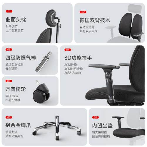 普格瑞司23A电脑椅人体工学椅老板椅办公椅家用双背椅铝合金脚