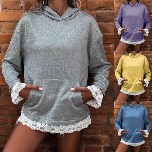 Women's hooded long sleeved pullover regular neat color