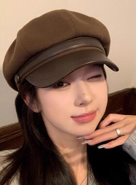 女士时尚帽子女圆脸大脸显瘦毛呢八角帽子女秋冬季文艺复古美拉德