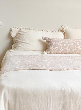 北欧s粉n色i床尾毯圈圈绒花朵枕靠垫民宿软装床旗床尾抱UFR巾长腰