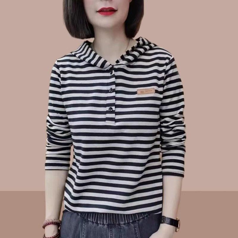 连帽长袖T恤女2025春秋新款宽松显瘦大尺码女士纯棉条纹内搭衣上
