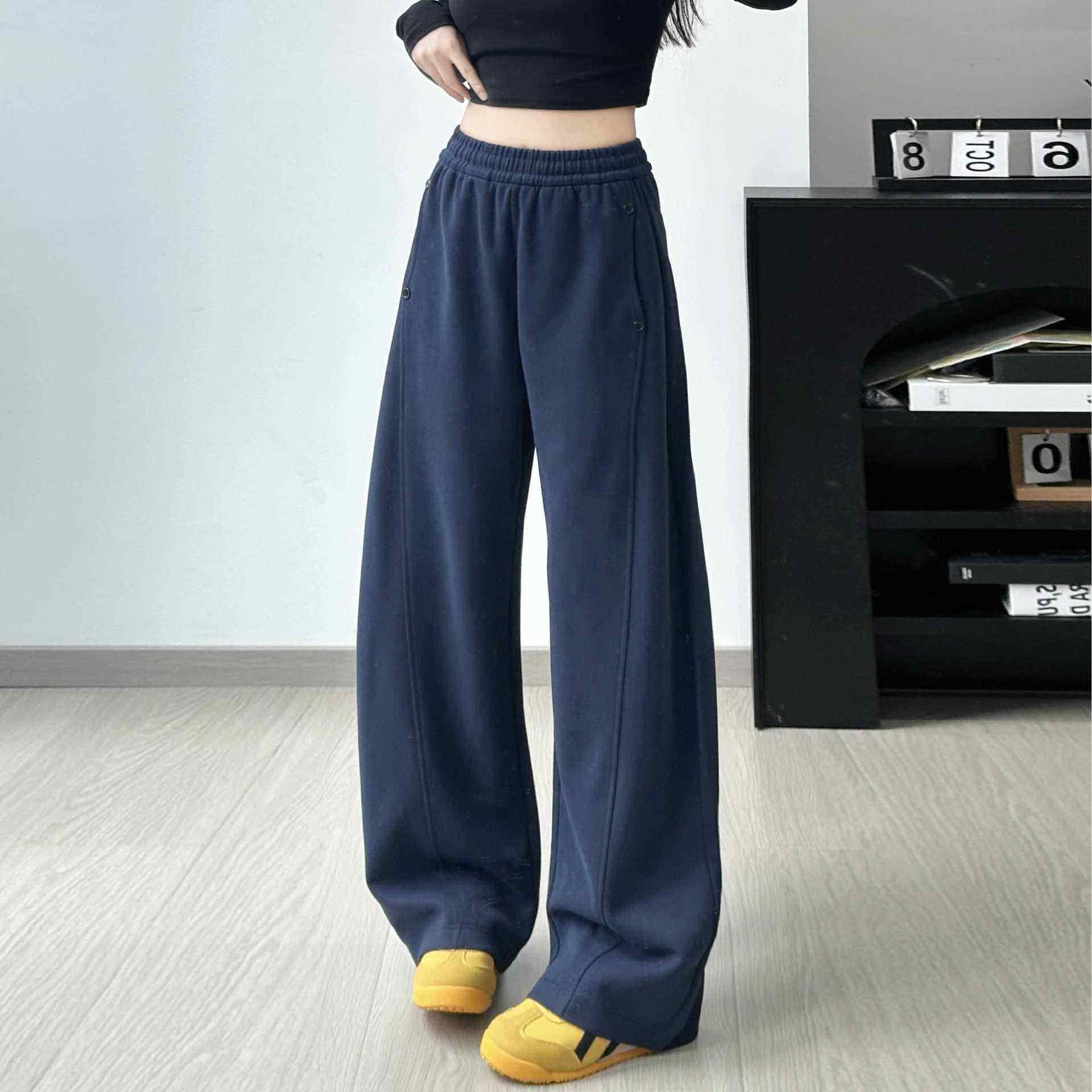 美式直筒香蕉运动裤女秋冬加绒加厚春秋高腰宽松休闲阔腿弯刀卫裤