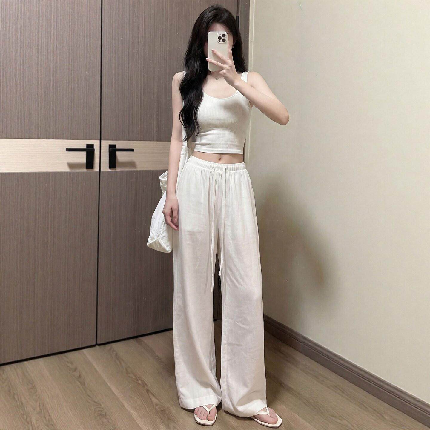 白色亚麻阔腿裤女夏季薄款宽松垂感老钱风冰丝防晒棉麻直筒休闲裤