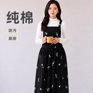 蔲居纯棉防污围裙女长款背带刺绣韩系高颜值家用厨房做饭摆摊围腰