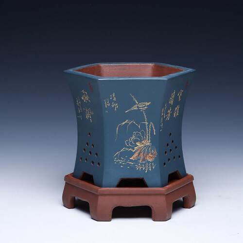 蝴蝶兰紫砂花盆陶瓷客厅精品轻奢束腰六角君子兰高端兰花专用盆