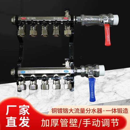 悬挂调节铜镀铬分水器可调温双阀地暖集水器锻造一体模块多路调控