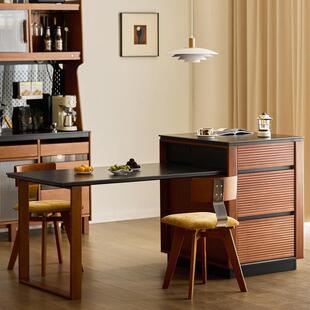 中古岛台餐桌一体实木岩板吧台柜可伸缩樱桃木小户型储物橱柜餐边