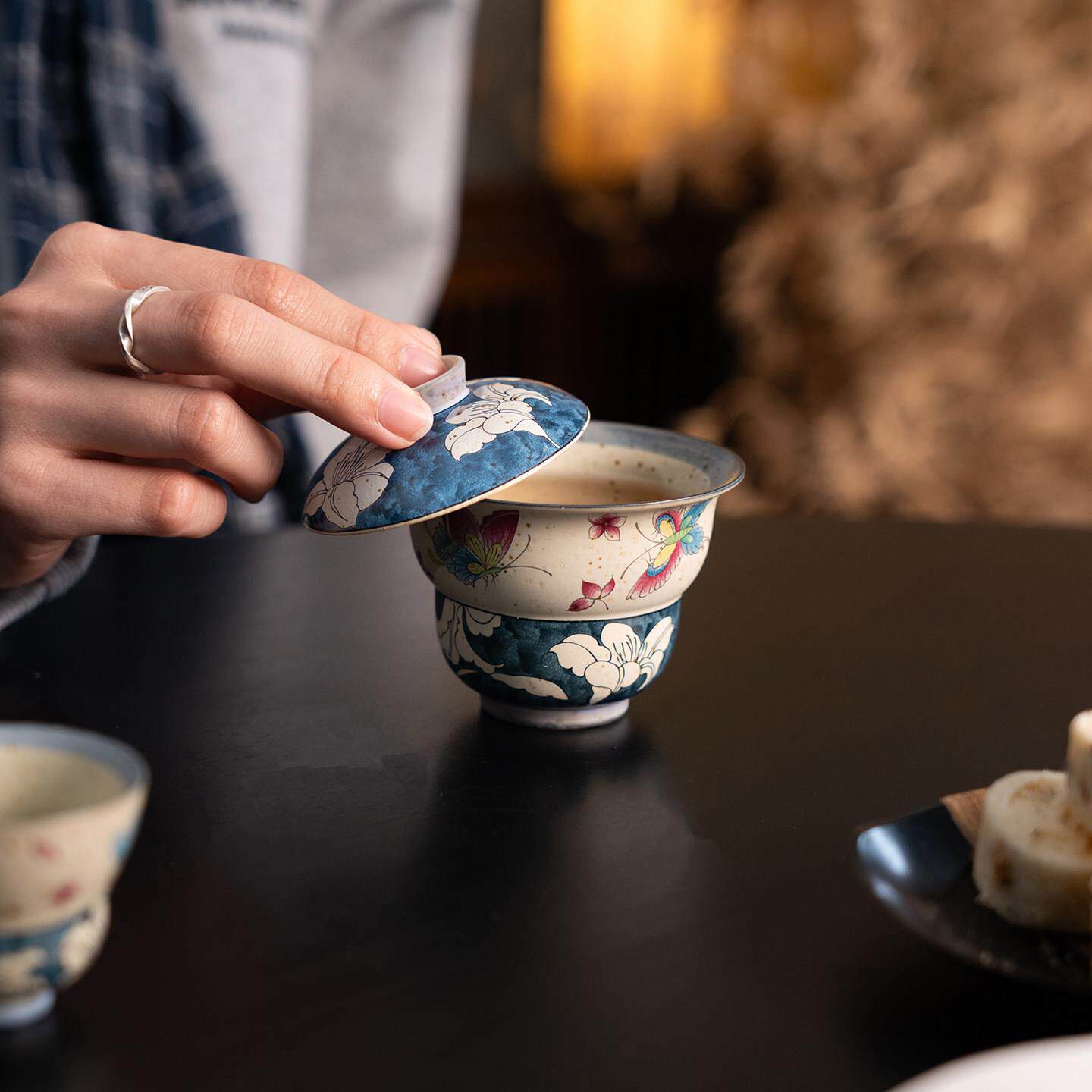 火石蝶恋花福禄三才陶瓷盖碗家用高档中式陶瓷泡茶碗功夫茶具