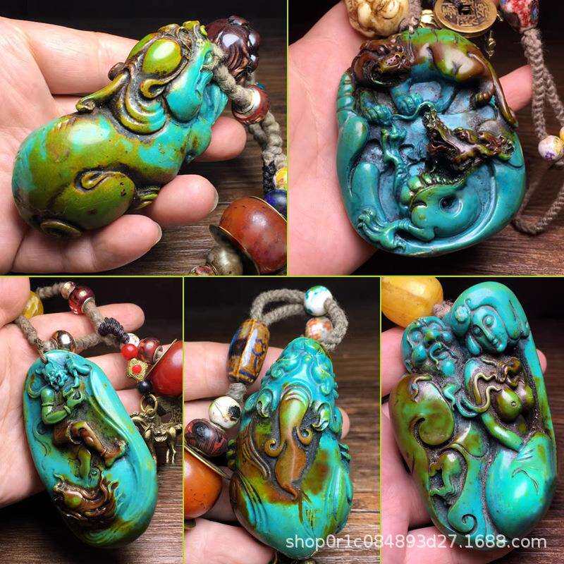 古玩杂项收藏仿古包浆五帝铜钱配饰仿松石貔貅龙虎美女手把件把玩