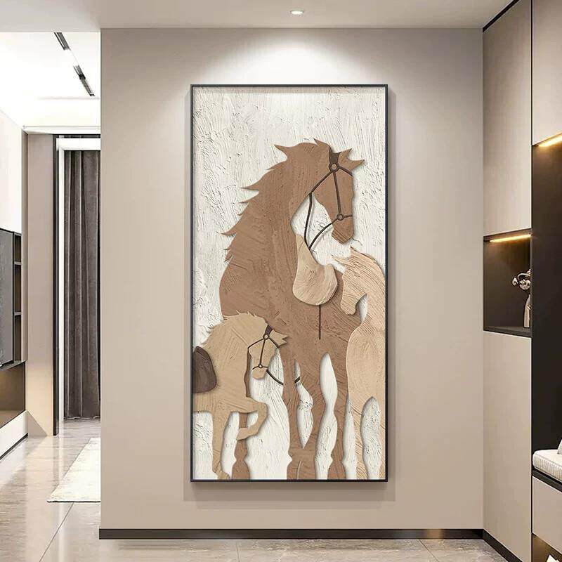 马到成功玄关装饰画抽象马轻奢入户门口墙面挂画高档大气肌理壁画