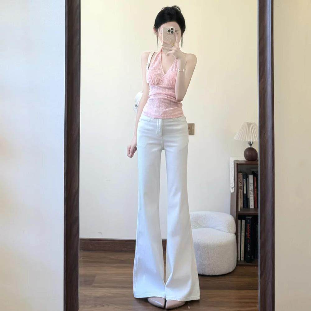 SPYB白色天丝微喇牛仔裤女夏季薄款高腰显瘦宽松垂感直筒喇叭裤子