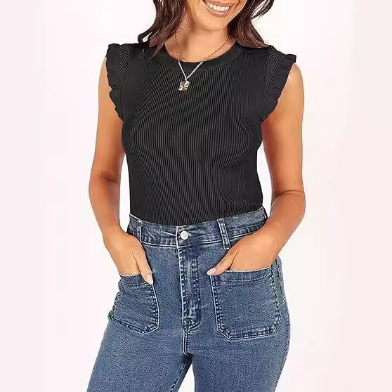 pullover fit sexy Ribbed spliced pleated color small top